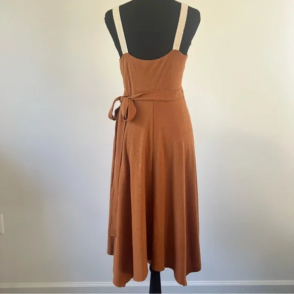 Anthro Akemi Kin Rust Wrap Midi Dress Tie Waist A-Line Boho - Picture 3 of 8